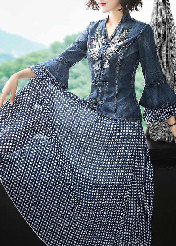Petite women's wool blend coats with a tailored fit for a flattering silhouetteArt Blue Stand Collar Embroidered Denim Coats Flare Sleeve And Dot Print Chiffon Skirts Two Piece Set Women Clothing