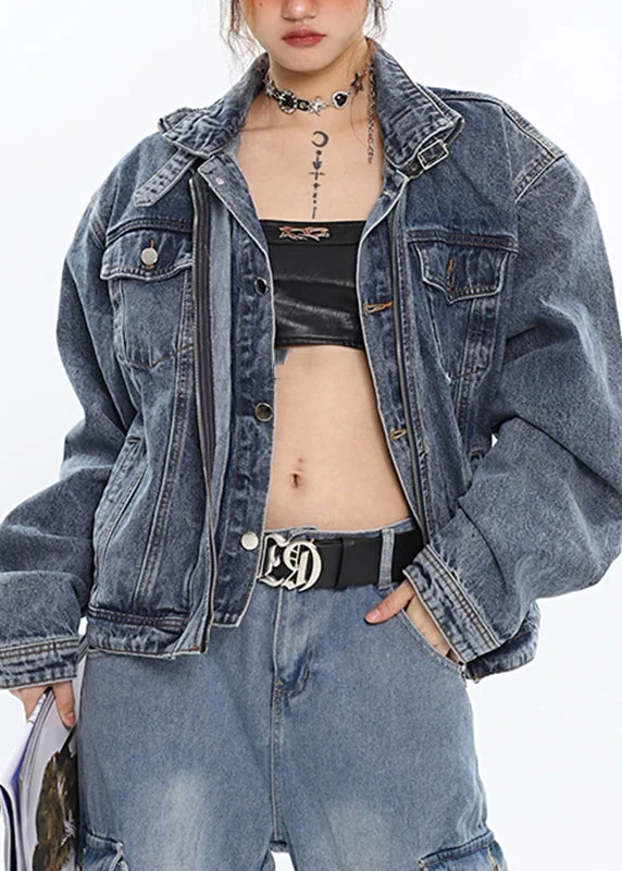 Women's waterproof parka coats with multiple pockets for practicalityArt Blue Stand Collar Patchwork Zippered Denim Coats Long Sleeve Women's waterproof parka coats with multiple pockets for practicalityArt Blue Stand Collar Patchwork Zippered Denim Coats Long Sleeve