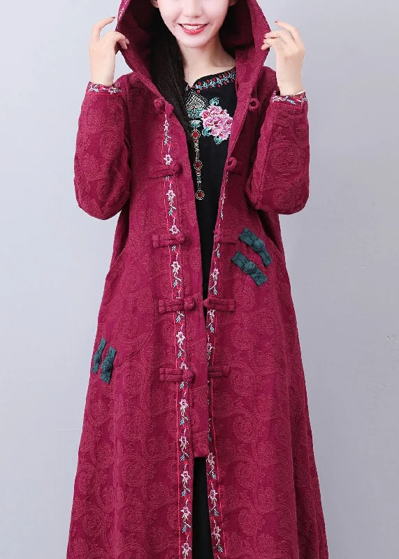 Women's reversible down coats with two - tone designs for versatile stylingArt Brick Red Hooded Embroidered Jacquard Long Coat Fall Women's reversible down coats with two - tone designs for versatile stylingArt Brick Red Hooded Embroidered Jacquard Long Coat Fall