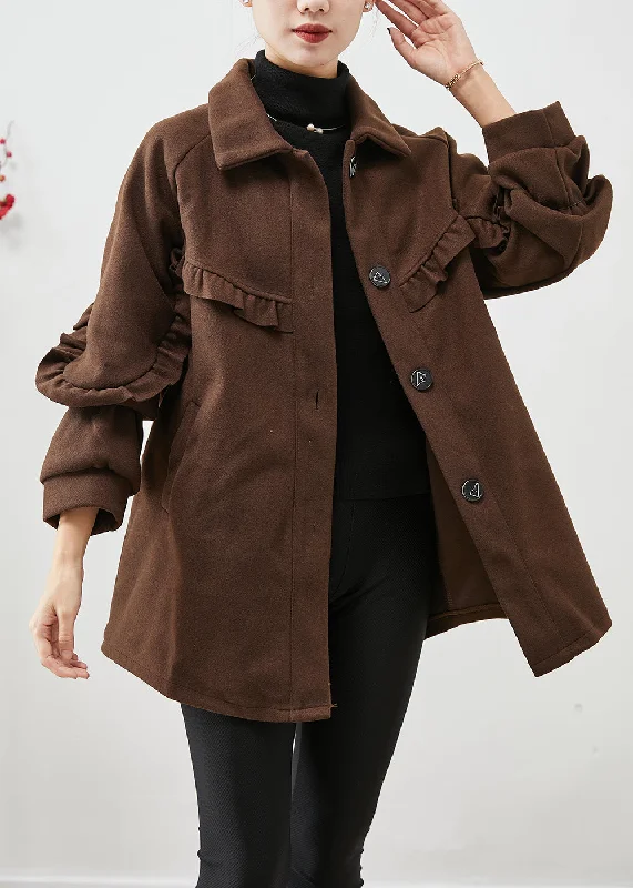Women's reversible down coats with two - tone designs for versatile stylingArt Chocolate Ruffled Patchwork Woolen Jacket Fall Women's reversible down coats with two - tone designs for versatile stylingArt Chocolate Ruffled Patchwork Woolen Jacket Fall