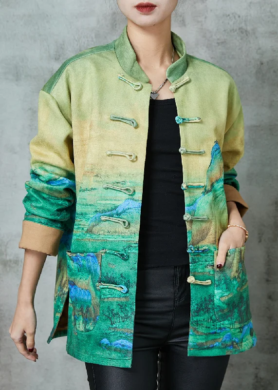 Women's long - sleeve wool coats in a houndstooth pattern for a classic charmArt Green Print Chinese Button Silk Jacket Spring Women's long - sleeve wool coats in a houndstooth pattern for a classic charmArt Green Print Chinese Button Silk Jacket Spring