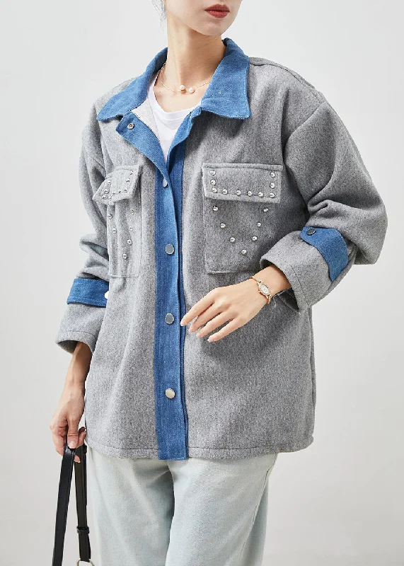 Women's longline double - breasted camel coats for a sophisticated lookArt Grey Oversized Patchwork Rivet Woolen Jacket Spring Women's longline double - breasted camel coats for a sophisticated lookArt Grey Oversized Patchwork Rivet Woolen Jacket Spring