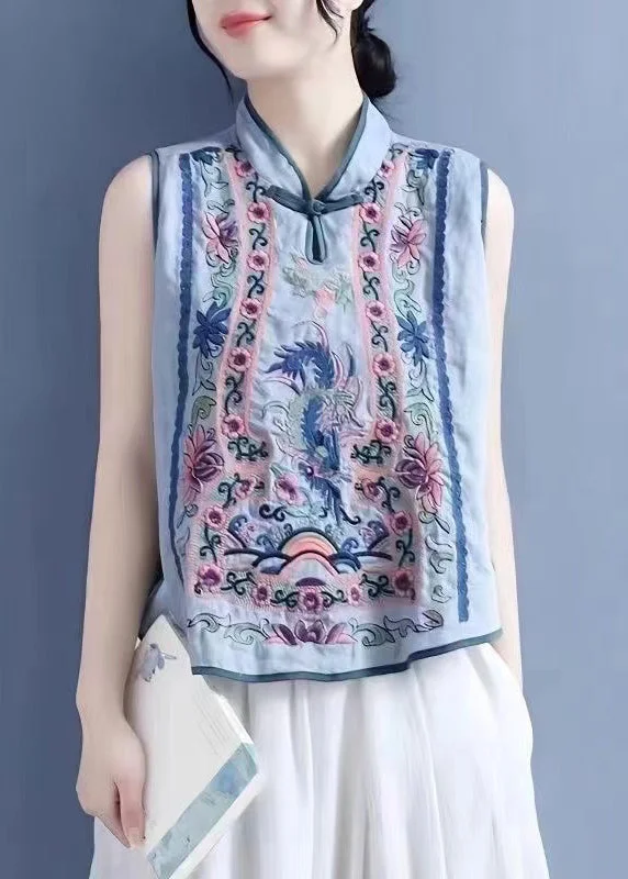Shearling - lined women's leather coats for ultimate warmth and luxuryArt Light Blue Stand Collar Embroidered Floral Waistcoat Summer Shearling - lined women's leather coats for ultimate warmth and luxuryArt Light Blue Stand Collar Embroidered Floral Waistcoat Summer