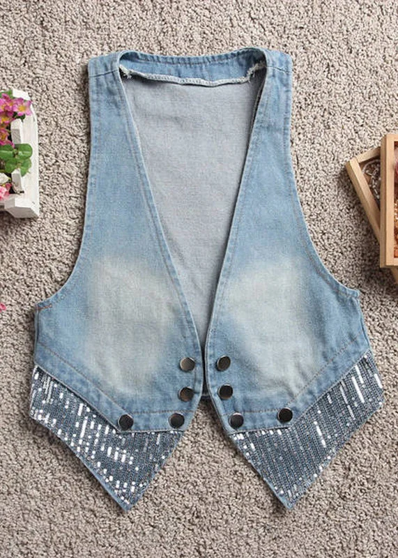 Petite women's wool blend coats with a tailored fit for a flattering silhouetteArt Light Blue V Neck Patchwork Button Denim Waistcoat Fall Petite women's wool blend coats with a tailored fit for a flattering silhouetteArt Light Blue V Neck Patchwork Button Denim Waistcoat Fall