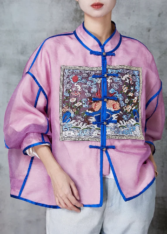 Mid - length women's down coats in a slim fit for a modern and sleek appearanceArt Purple Embroidered Chinese Button Silk Coats Spring Mid - length women's down coats in a slim fit for a modern and sleek appearanceArt Purple Embroidered Chinese Button Silk Coats Spring