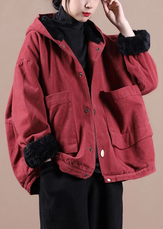 Shearling - lined women's leather coats for ultimate warmth and luxuryArt Red Hooded Pockets Warm Fleece Coat Winter Shearling - lined women's leather coats for ultimate warmth and luxuryArt Red Hooded Pockets Warm Fleece Coat Winter