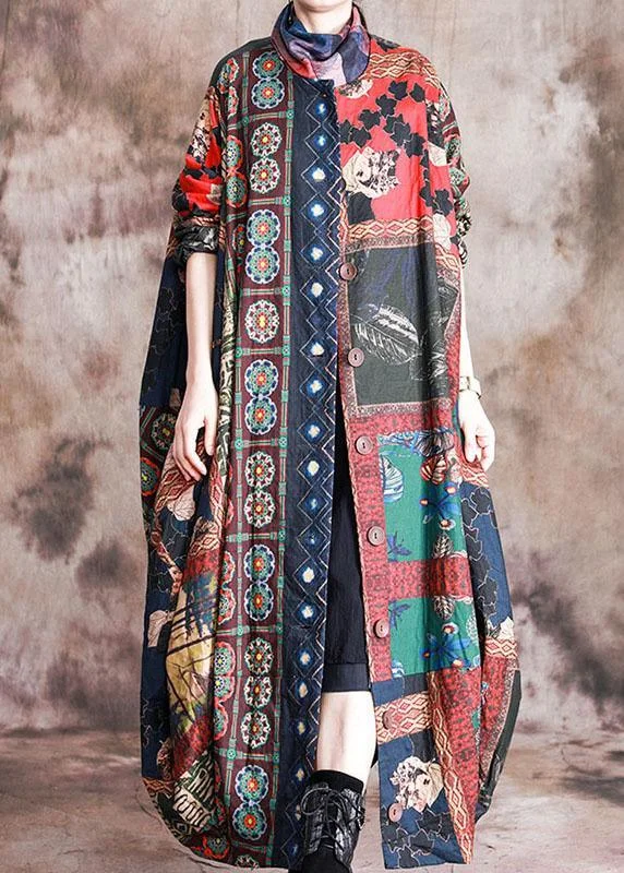 Mid - length women's down coats in a slim fit for a modern and sleek appearanceArt Red Print Button Patchwork asymmetrical design Fall Coats Long sleeve Mid - length women's down coats in a slim fit for a modern and sleek appearanceArt Red Print Button Patchwork asymmetrical design Fall Coats Long sleeve
