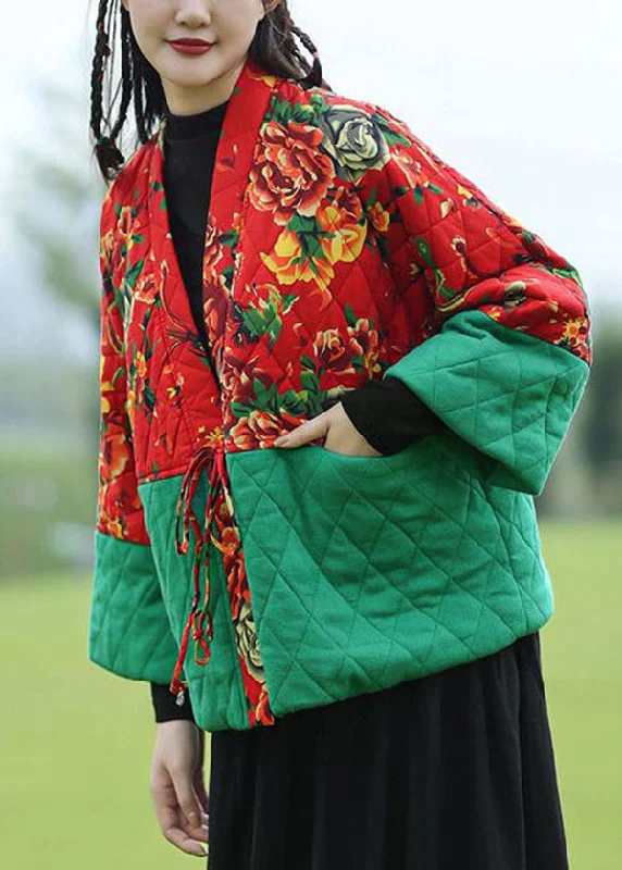 Mid - length women's down coats in a slim fit for a modern and sleek appearanceArt Red V Neck Print Patchwork Lace Up Fine Cotton Filled Witner Coat
