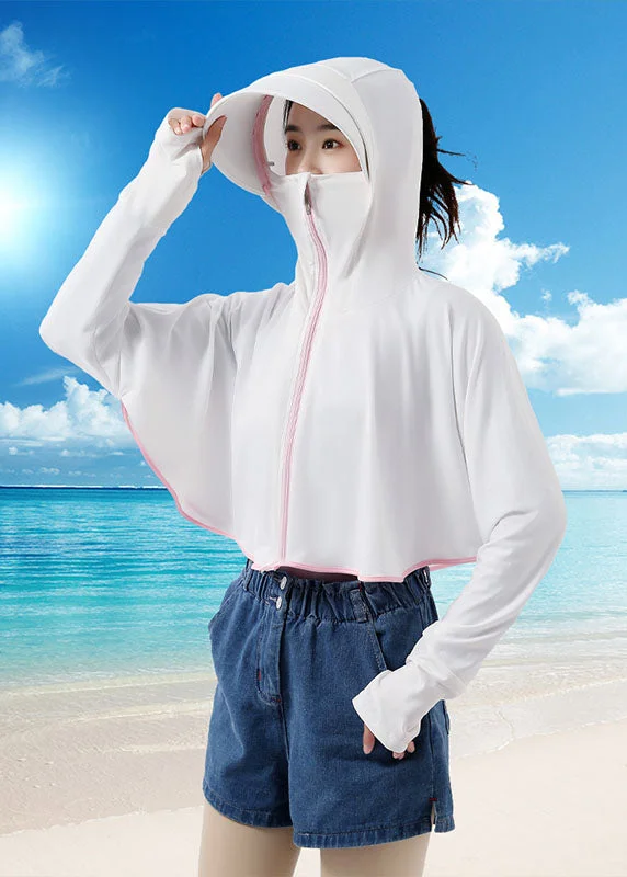 Petite women's wool blend coats with a tailored fit for a flattering silhouetteArt White Hooded Zip Up Patchwork Ice Silk UPF 50+ Coats Summer