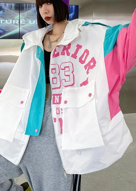 Hooded women's puffer coats in neon colors for high - visibility sportsArt White Letter Patchwork Cotton Spring Hooded Coat