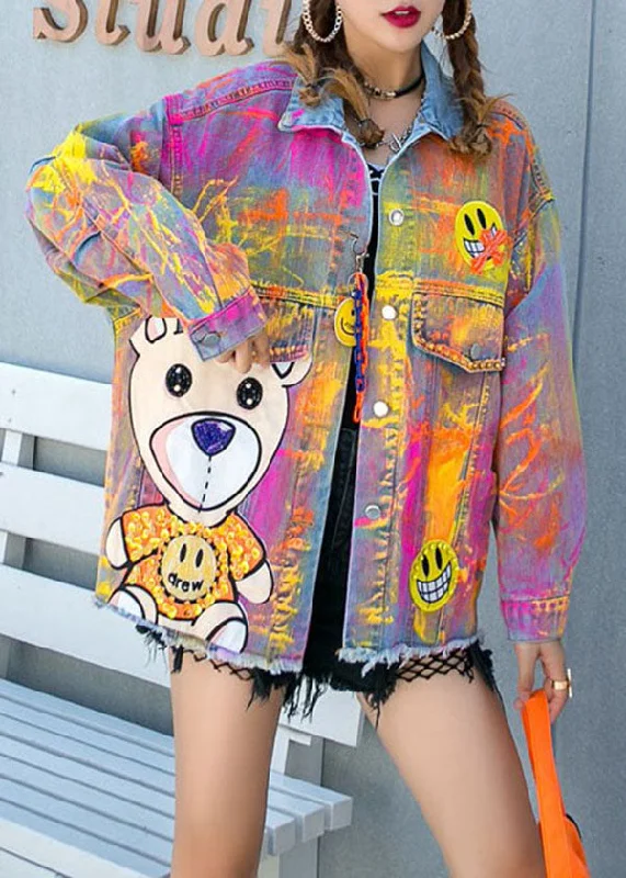 Women's pea coats with brass buttons for a nautical - inspired styleArt Yellow Graphic Zircon Nail Bead Patchwork Denim Coat Spring