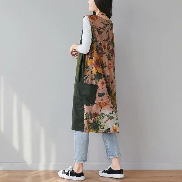 Women's reversible down coats with two - tone designs for versatile stylingAutumn Fashion Patchwork Floral Print V-neck  Women Vest Coats