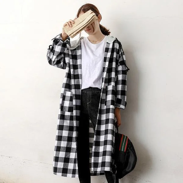 Embroidered women's cotton coats in a bohemian pattern for a unique designAutumn Single Breasted Hooded Casual Long Plaid Coat 2020 New Korean Long Sleeve Pockets
