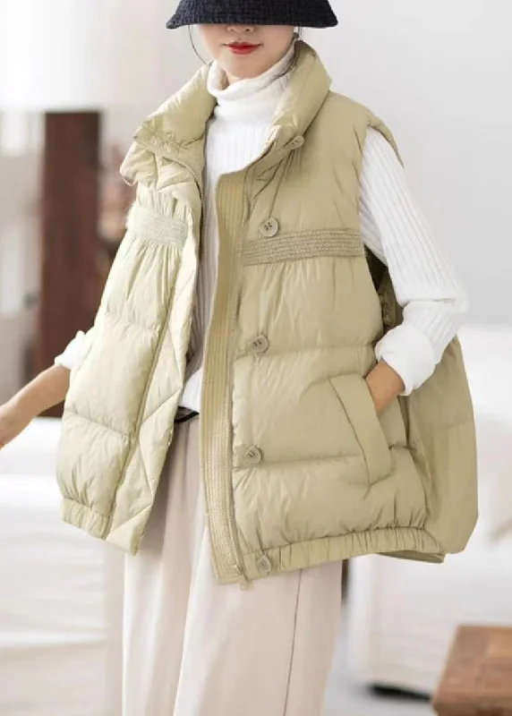 Mid - length women's down coats in a slim fit for a modern and sleek appearanceBean Green Button Patchwork Cotton Filled Waistcoat Stand Collar Winter