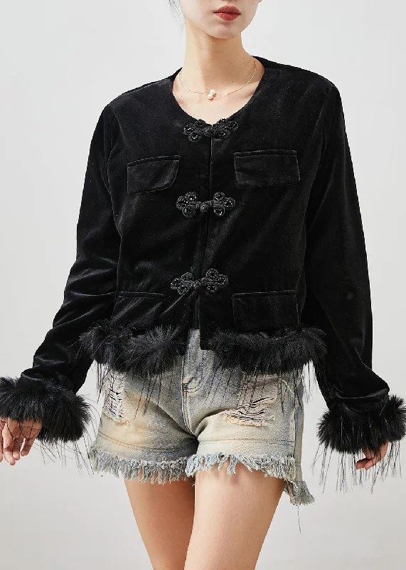 Women's waterproof parka coats with multiple pockets for practicalityBeautiful Black Chinese Button Patchwork Feather Silk Velour Jackets Spring