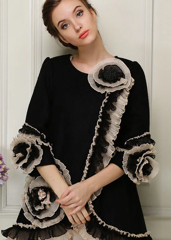 Shearling - lined women's leather coats for ultimate warmth and luxuryBeautiful Black O-Neck Nail Bead Floral Woolen Coats Bracelet Sleeve
