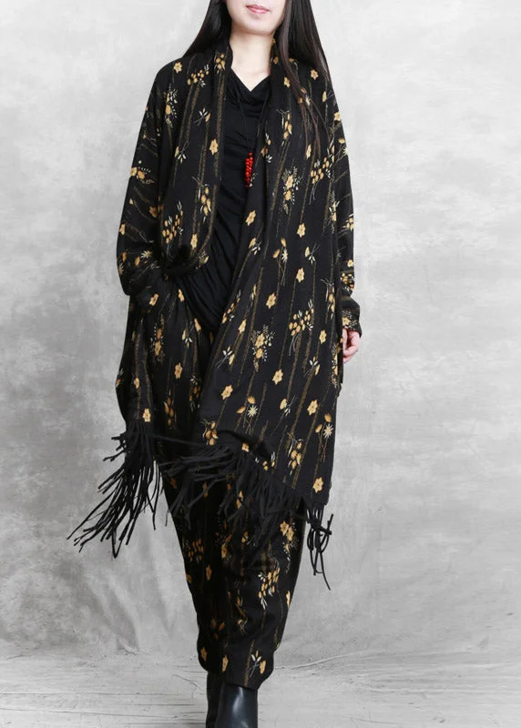 Women's longline double - breasted camel coats for a sophisticated lookBeautiful Black Print Mink Velvet Coat And Wide Leg Pants Two Pieces Set Fall