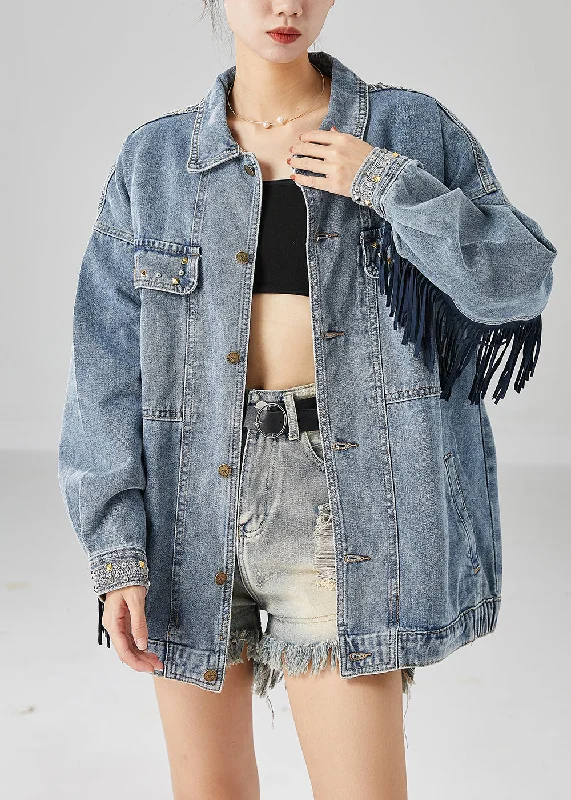 Women's reversible down coats with two - tone designs for versatile stylingBeautiful Blue Embroidered Patchwork Tasseled Denim Coats Fall