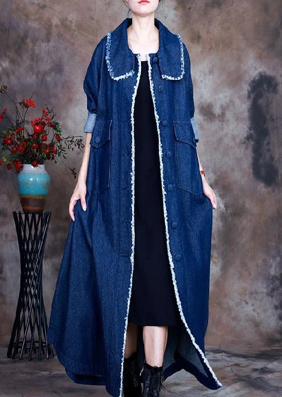 Women's cropped leather coats with silver studs for an edgy lookBeautiful Blue PeterPan Collar Button side open denim Coat Winter