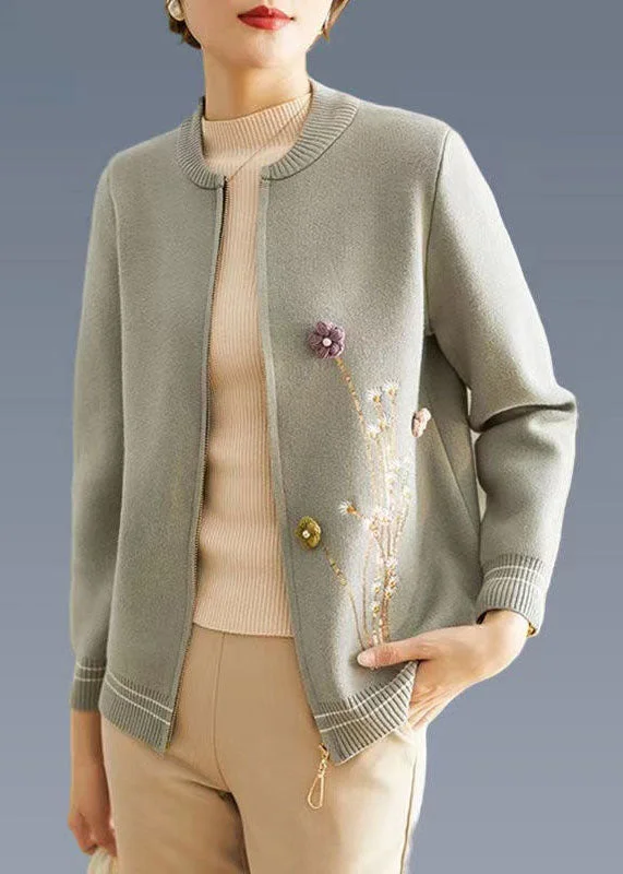 Plus size women's wool blend coats for a warm and stylish winterBeautiful Blue Zip Up Floral Woolen Coat Outwear Long Sleeve