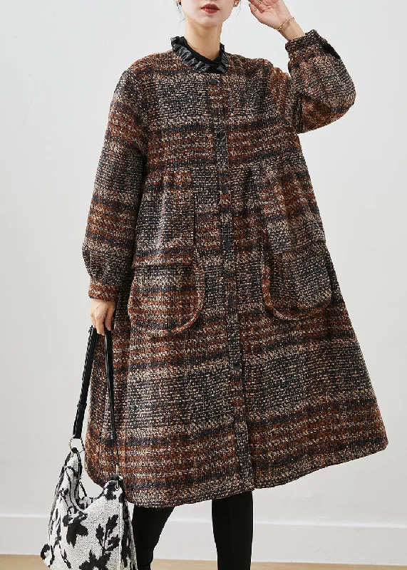 Plus size women's wool blend coats for a warm and stylish winterBeautiful Brown Ruffled Pockets Thick Cotton Coats Winter