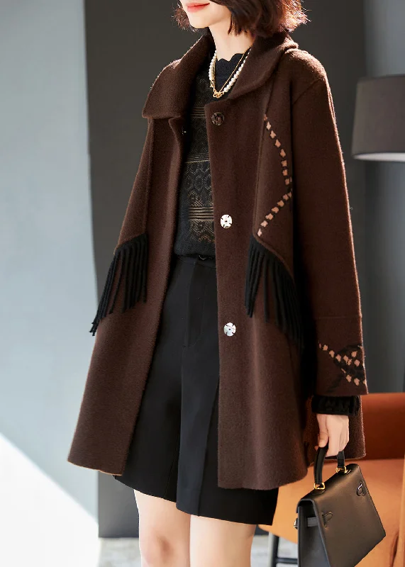 Women's long - sleeve wool coats in a houndstooth pattern for a classic charmBeautiful Chocolate Tasseled Patchwork Woolen Coat Outwear Spring