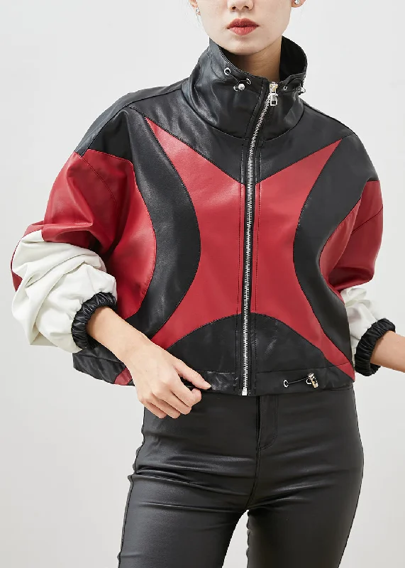 Petite women's wool blend coats with a tailored fit for a flattering silhouetteBeautiful Colorblock Drawstring Patchwork Faux Leather Jackets Spring