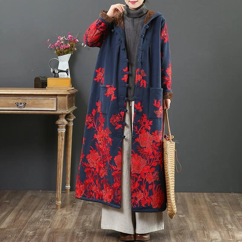 Petite women's wool blend coats with a tailored fit for a flattering silhouetteBeautiful embroidery Fine hooded outwear navy warm daily jackets