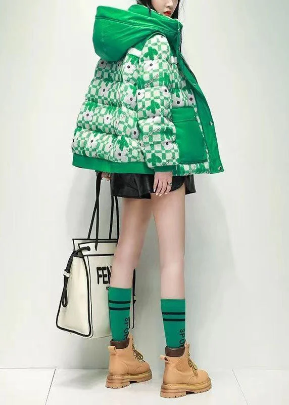 Women's long - sleeve wool coats in a houndstooth pattern for a classic charmBeautiful Green Hooded Patchwork Print Duck Down Canada Goose Jacket Winter