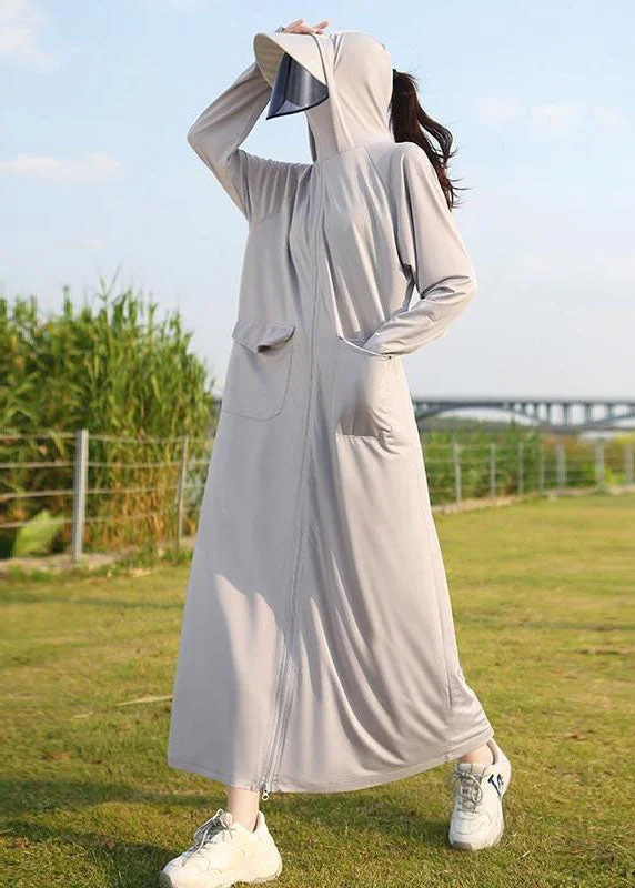 Embroidered women's cotton coats in a bohemian pattern for a unique designBeautiful Grey Hooded Pockets Zippered Patchwork Long Ice Silk UPF 50+ Coat Summer