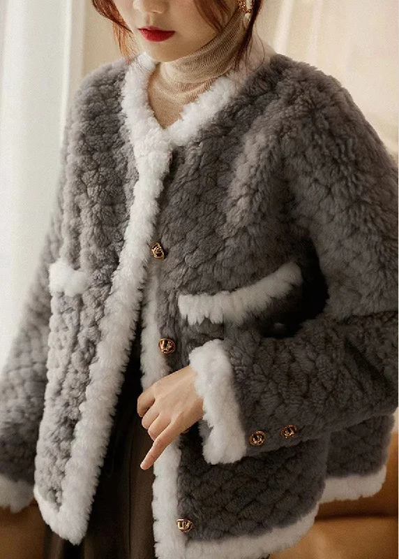 Women's knee - length wool blend coats with a fur collar for added warmthBeautiful Grey O Neck Pockets Patchwork Wool Coat Winter