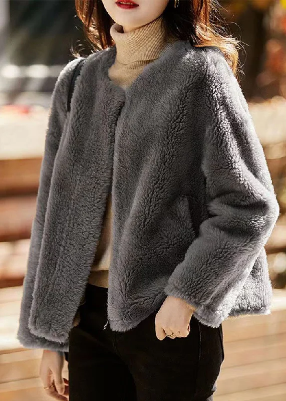 Hooded women's puffer coats in neon colors for high - visibility sportsBeautiful Grey O Neck Pockets Patchwork Wool Jackets Winter
