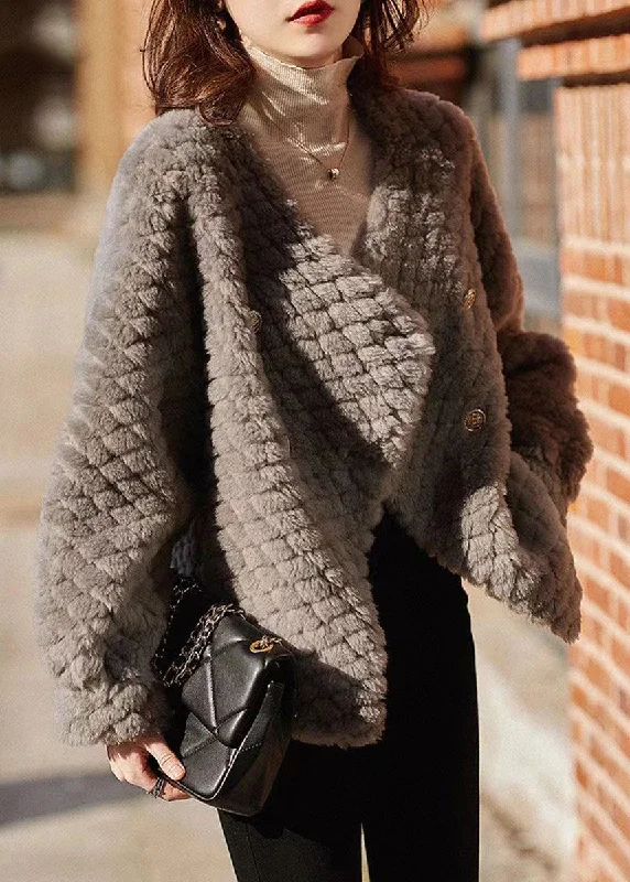 Women's cropped leather coats with silver studs for an edgy lookBeautiful Grey Pockets Button Patchwork Wool Jacket Winter