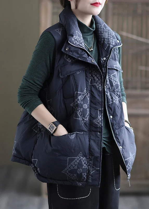 Quilted down women's coats with removable hoods for outdoor activitiesBeautiful Navy Print Zippered Pockets Duck Down Waistcoat Winter Quilted down women's coats with removable hoods for outdoor activitiesBeautiful Navy Print Zippered Pockets Duck Down Waistcoat Winter