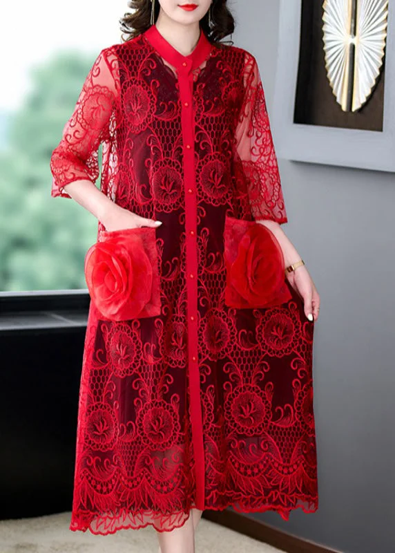 Women's pea coats with brass buttons for a nautical - inspired styleBeautiful Red Floral Hollow Out Solid Tulle Long Coat Half Sleeve Women's pea coats with brass buttons for a nautical - inspired styleBeautiful Red Floral Hollow Out Solid Tulle Long Coat Half Sleeve