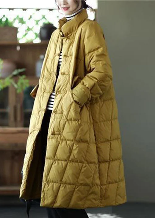 Mid - length women's down coats in a slim fit for a modern and sleek appearanceBeautiful Yellow Stand Collar Oriental Button Solid Duck Down Puffer Coat Winter Mid - length women's down coats in a slim fit for a modern and sleek appearanceBeautiful Yellow Stand Collar Oriental Button Solid Duck Down Puffer Coat Winter