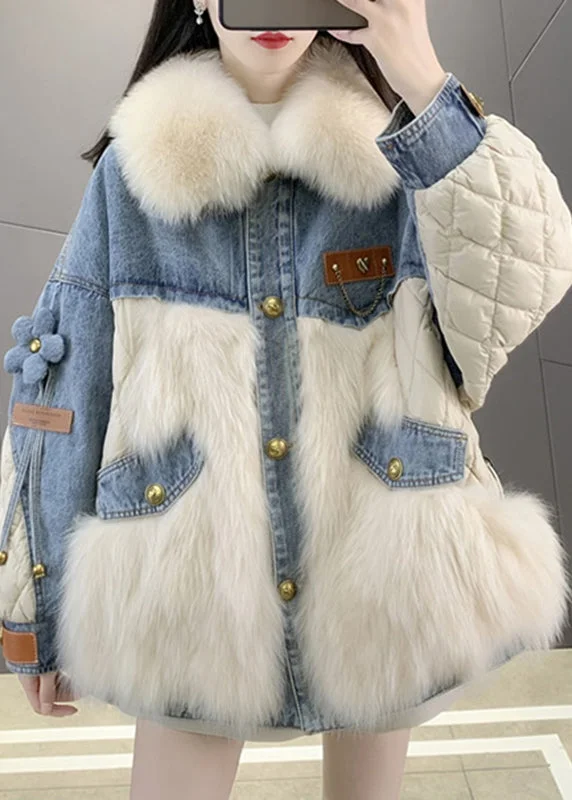Oversized women's wool coats in a monochromatic look for a trendy outfitBeige Fox collar Denim Patchwork Button Down Coats Winter Oversized women's wool coats in a monochromatic look for a trendy outfitBeige Fox collar Denim Patchwork Button Down Coats Winter