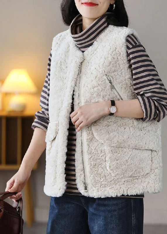 Women's pea coats with brass buttons for a nautical - inspired styleBeige Thick Fuzzy Fur Fluffy Waistcoat Zip Up Spring Women's pea coats with brass buttons for a nautical - inspired styleBeige Thick Fuzzy Fur Fluffy Waistcoat Zip Up Spring