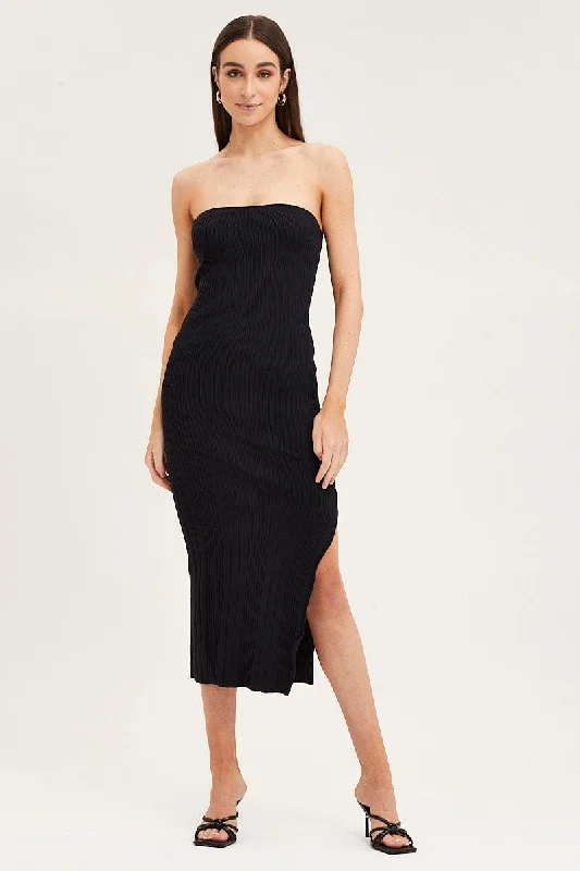 Plus Size Women's Turtleneck Sweater Dresses with Side SlitsBlack Bandeau Knit Midi Dress Plus Size Women's Turtleneck Sweater Dresses with Side SlitsBlack Bandeau Knit Midi Dress