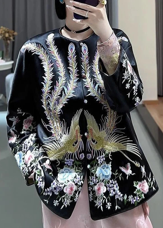 Women's reversible down coats with two - tone designs for versatile stylingBlack Button Embroideried Silk Coats O-Neck Long Sleeve Women's reversible down coats with two - tone designs for versatile stylingBlack Button Embroideried Silk Coats O-Neck Long Sleeve