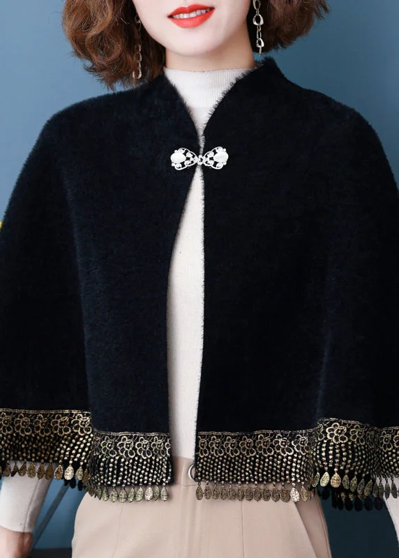 Belted women's cashmere coats in soft pastels for a luxurious feelBlack Button Patchwork Loose Mink Velvet Coats Tasseled Batwing Sleeve Belted women's cashmere coats in soft pastels for a luxurious feelBlack Button Patchwork Loose Mink Velvet Coats Tasseled Batwing Sleeve