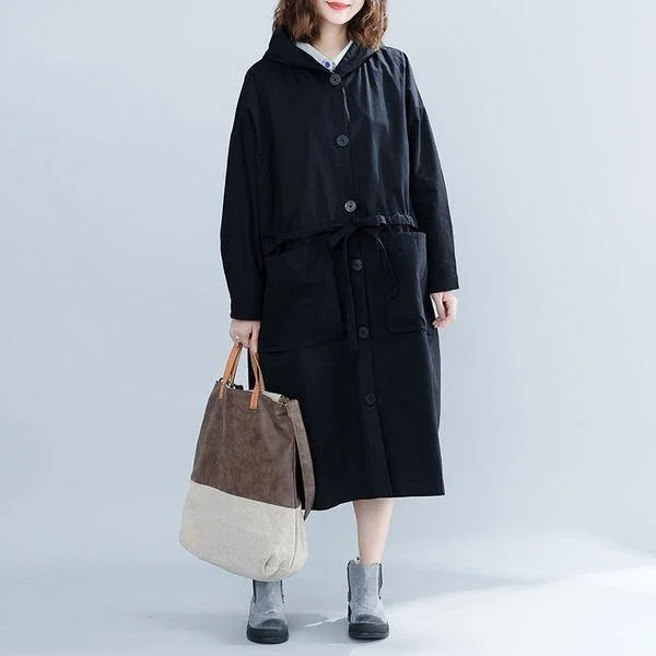 Hooded women's puffer coats in neon colors for high - visibility sportsBlack Casual Trench For Women Bandage Coats Hooded Button Pockets Loose Women Cloths Hooded women's puffer coats in neon colors for high - visibility sportsBlack Casual Trench For Women Bandage Coats Hooded Button Pockets Loose Women Cloths