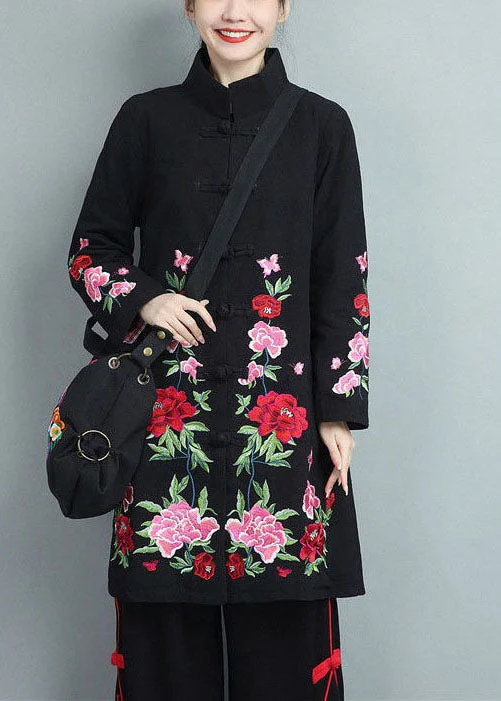 Women's long - sleeve wool coats in a houndstooth pattern for a classic charmBlack Cotton Coats Embroideried Oriental Button Fall Women's long - sleeve wool coats in a houndstooth pattern for a classic charmBlack Cotton Coats Embroideried Oriental Button Fall