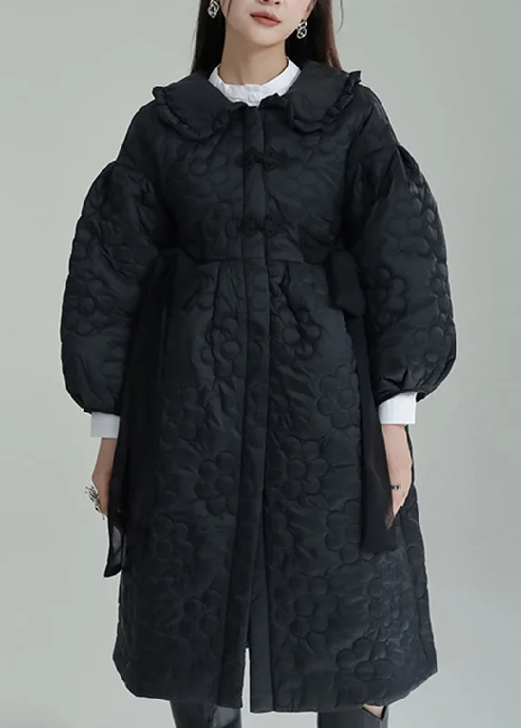 Women's cropped leather coats with silver studs for an edgy lookBlack Embossed Cotton Filled Coat Peter Pan Collar Lantern Sleeve Women's cropped leather coats with silver studs for an edgy lookBlack Embossed Cotton Filled Coat Peter Pan Collar Lantern Sleeve