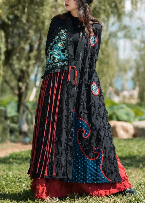 Long women's mac coats in a lightweight fabric for spring showersBlack Embroidered Patchwork Cotton Long Waistcoat V Neck Spring Long women's mac coats in a lightweight fabric for spring showersBlack Embroidered Patchwork Cotton Long Waistcoat V Neck Spring