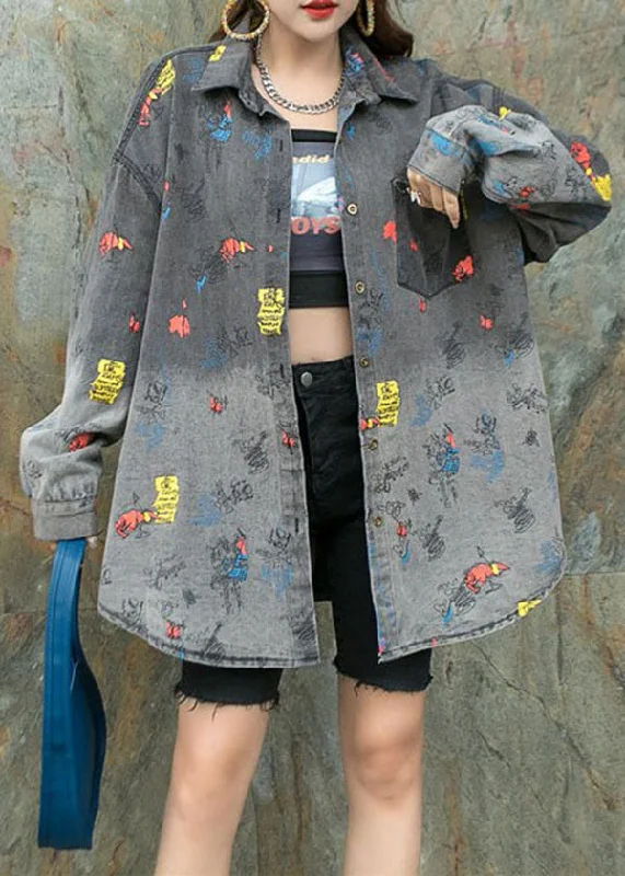 Embroidered women's cotton coats in a bohemian pattern for a unique designBlack Grey Graphic Patchwork Denim Shirts Coat Peter Pan Collar Spring Embroidered women's cotton coats in a bohemian pattern for a unique designBlack Grey Graphic Patchwork Denim Shirts Coat Peter Pan Collar Spring