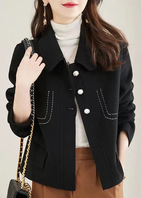 Women's knee - length wool blend coats with a fur collar for added warmthBlack Patchwork Woolen Coat Peter Pan Collar Button Fall Women's knee - length wool blend coats with a fur collar for added warmthBlack Patchwork Woolen Coat Peter Pan Collar Button Fall