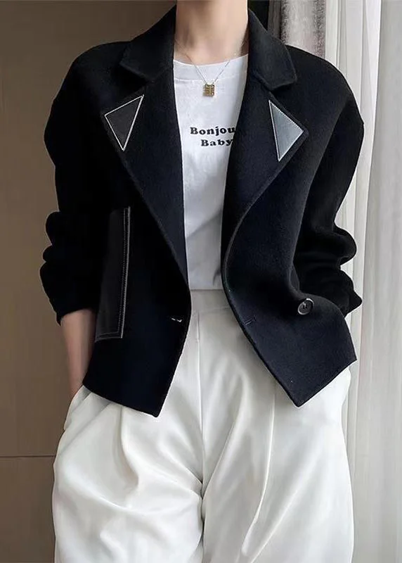 Water - resistant women's trench coats with adjustable cuffs for rainy daysBlack Patchwork Woolen Coats Oversized Button Down Fall Water - resistant women's trench coats with adjustable cuffs for rainy daysBlack Patchwork Woolen Coats Oversized Button Down Fall