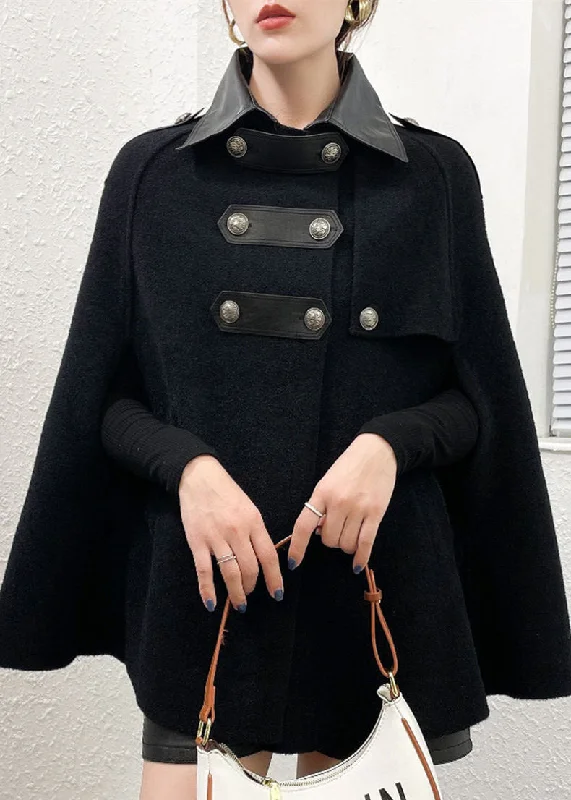 Shearling - lined women's leather coats for ultimate warmth and luxuryBlack Patchwork Woolen Coats Peter Pan Collar Pockets Cloak Sleeves Shearling - lined women's leather coats for ultimate warmth and luxuryBlack Patchwork Woolen Coats Peter Pan Collar Pockets Cloak Sleeves