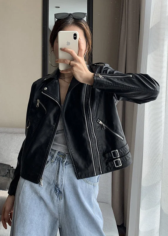 Women's cropped leather coats with silver studs for an edgy lookBlack Pockets Patchwork Faux Leather Jacket Zip Up Fall Women's cropped leather coats with silver studs for an edgy lookBlack Pockets Patchwork Faux Leather Jacket Zip Up Fall